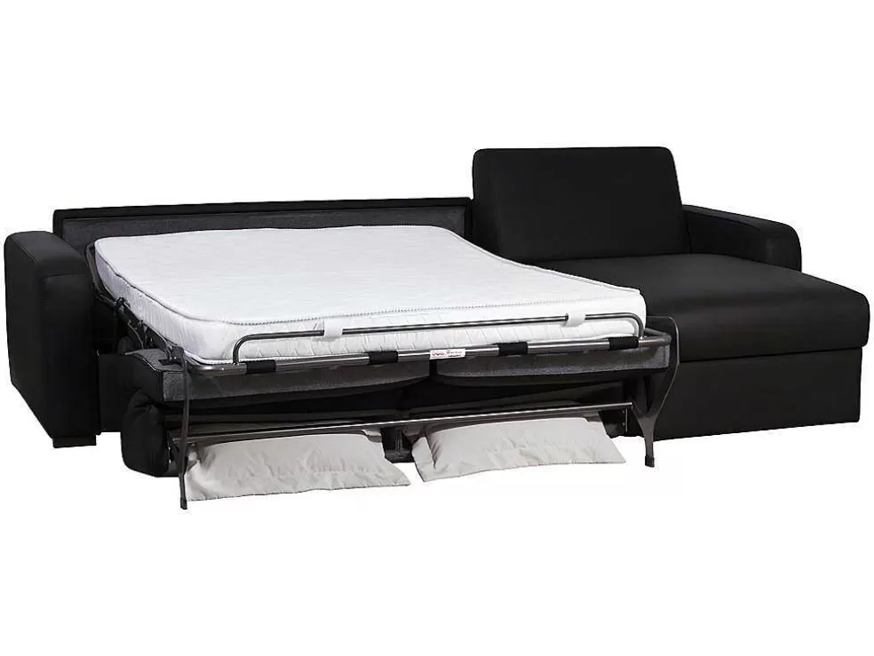 Vente-unique Sofá De Canto Convertivel Em Cama Em Pele Preto - Canto Direito - Bevis* Sofá Cama De Abertura Rapida