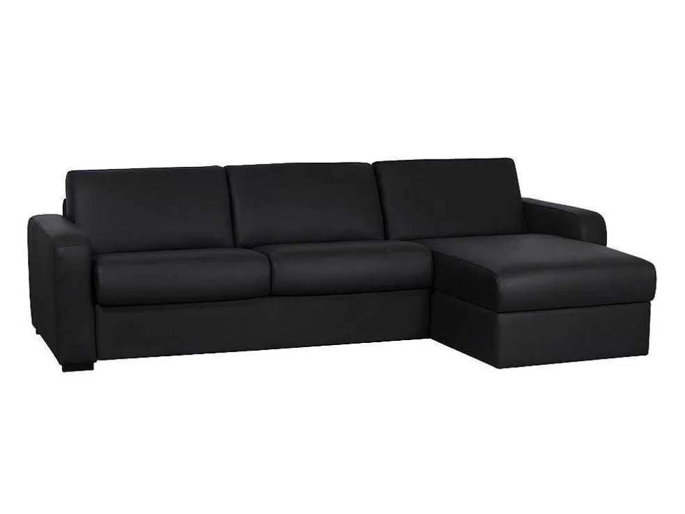 Vente-unique Sofá De Canto Convertivel Em Cama Em Pele Preto - Canto Direito - Bevis* Sofá Cama De Abertura Rapida