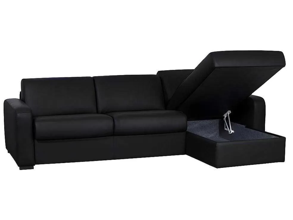 Vente-unique Sofá De Canto Convertivel Em Cama Em Pele Preto - Canto Direito - Bevis* Sofá Cama De Abertura Rapida