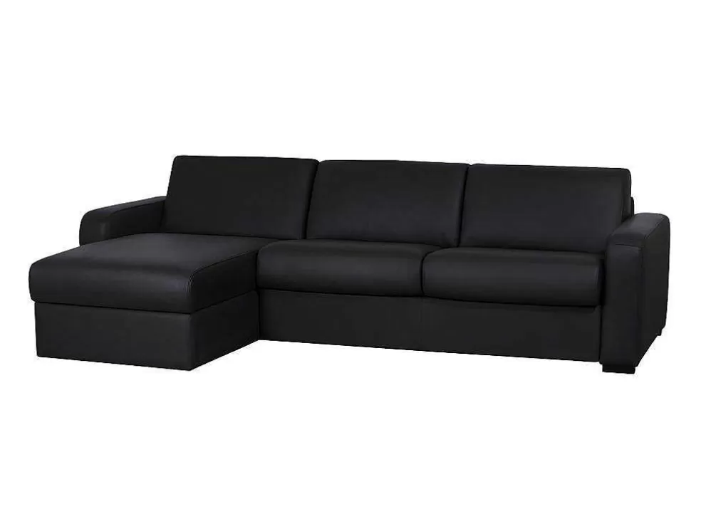Vente-unique Sofá De Canto Convertivel Em Cama Em Pele Preto - Canto Esquerdo - Bevis* Sofá Cama De Abertura Rapida