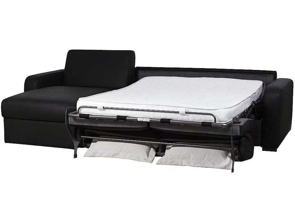 Vente-unique Sofá De Canto Convertivel Em Cama Em Pele Preto - Canto Esquerdo - Bevis* Sofá Cama De Abertura Rapida
