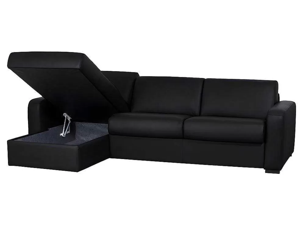 Vente-unique Sofá De Canto Convertivel Em Cama Em Pele Preto - Canto Esquerdo - Bevis* Sofá Cama De Abertura Rapida