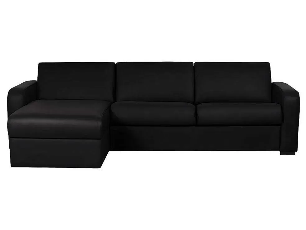 Vente-unique Sofá De Canto Convertivel Em Cama Em Pele Preto - Canto Esquerdo - Bevis* Sofá Cama De Abertura Rapida