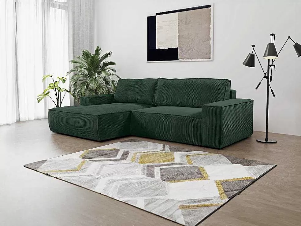Vente-unique Sofá De Canto Convertivel Em Veludo Canelado Verde Abeto Amelia Da Pascal Morabito Canto Esquerdo* Promoções Sofás & Poltronas