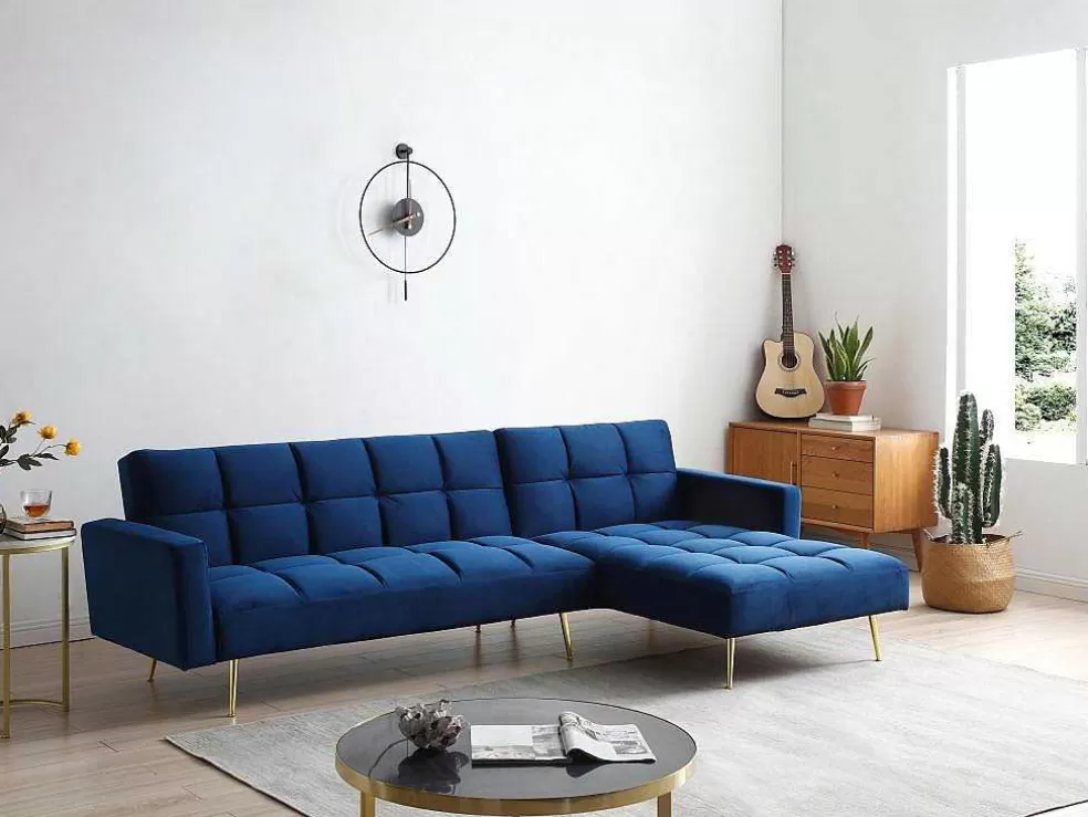 Vente-unique Sofá De Canto Convertivel Reversivel Clic-Clac Em Veludo Azul-Real - Nieto* Sofá Cama Clic-Clac E Dobravel
