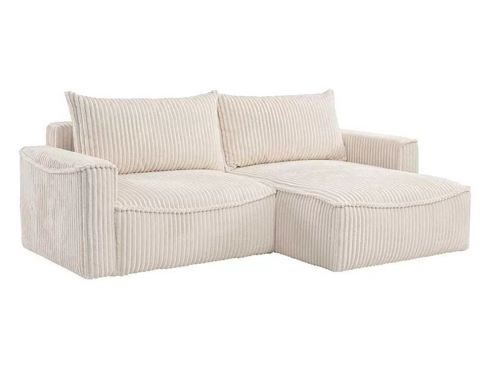 Vente-unique Sofá De Canto Convertivel Reversivel Veludo Canelado Grosso Bege - Asturio* Sofá De 4 Lugares