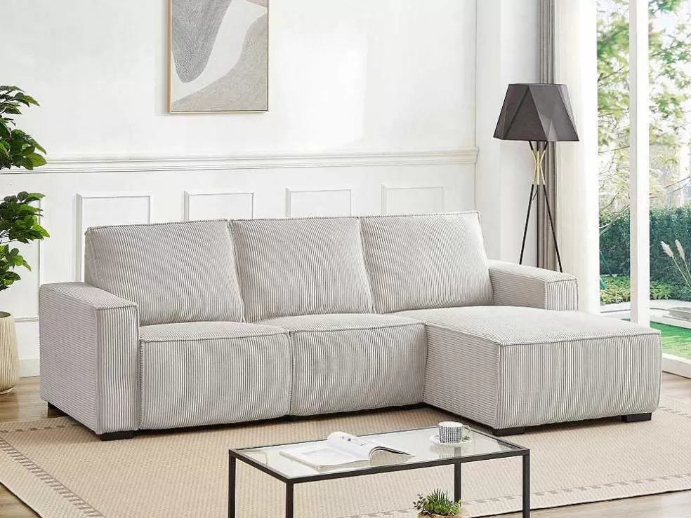 Vente-unique Sofá De Canto Direito Articulado Eletrico Veludo Canelado Beige - Amelio* Promoções Sofás & Poltronas