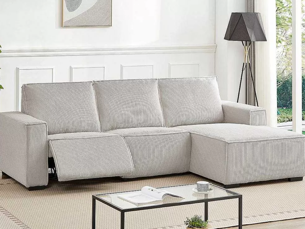 Vente-unique Sofá De Canto Direito Articulado Eletrico Veludo Canelado Beige - Amelio* Promoções Sofás & Poltronas