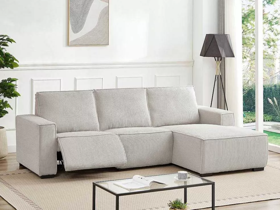 Vente-unique Sofá De Canto Direito Articulado Eletrico Veludo Canelado Beige - Amelio* Promoções Sofás & Poltronas