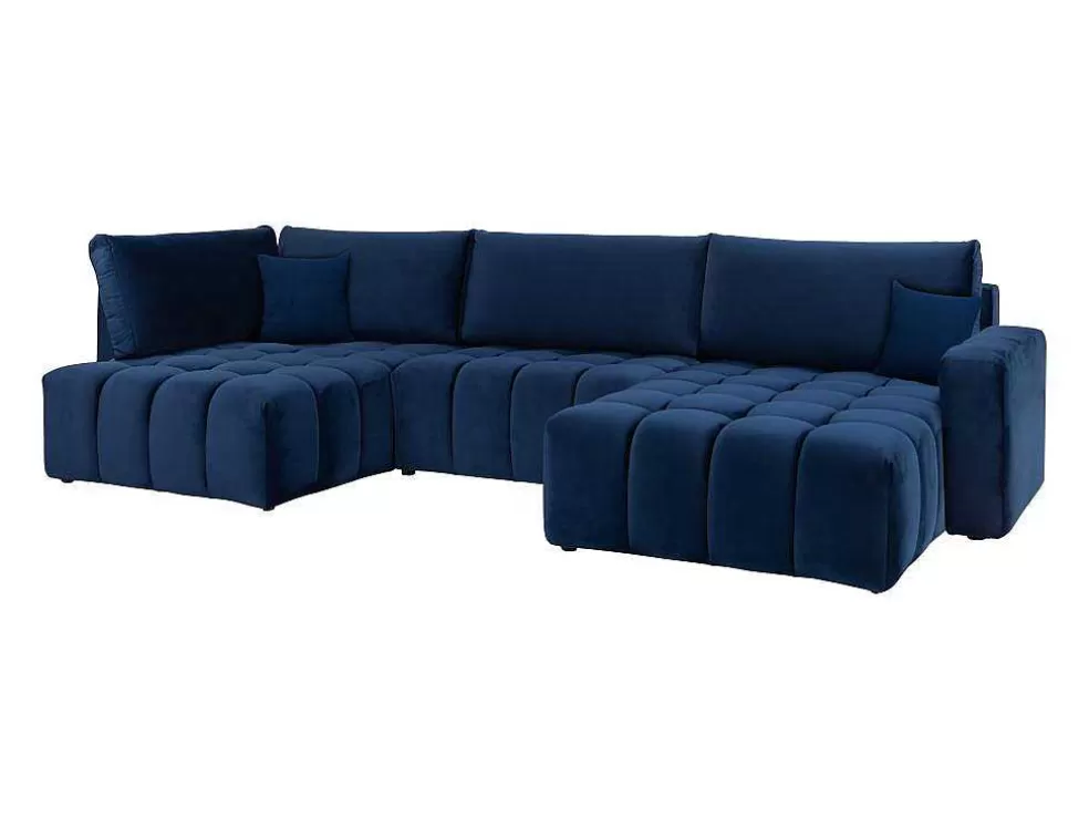 Vente-unique Sofá De Canto Direito Panorâmico Convertivel Veludo Azul-Escuro - Esilia Ii* Sofá Panorâmico