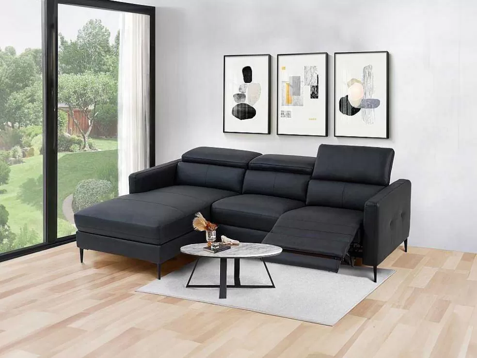 LINEA Sofá Sofá De Canto Esquerdo Articulado Eletrico Em Couro Preto - Fuseta* Sofá De Relaxamento Eletrico