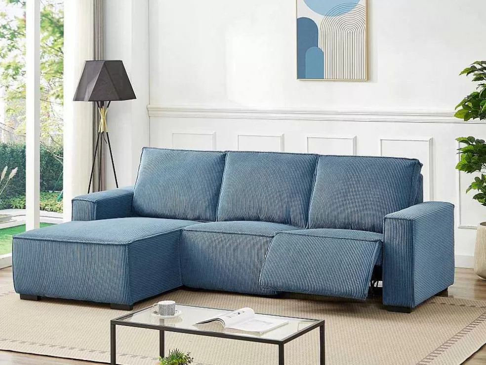 Vente-unique Sofá De Canto Esquerdo Articulado Eletrico Em Tecido Canelado Azul - Amelio* Sofá De Relaxamento Eletrico