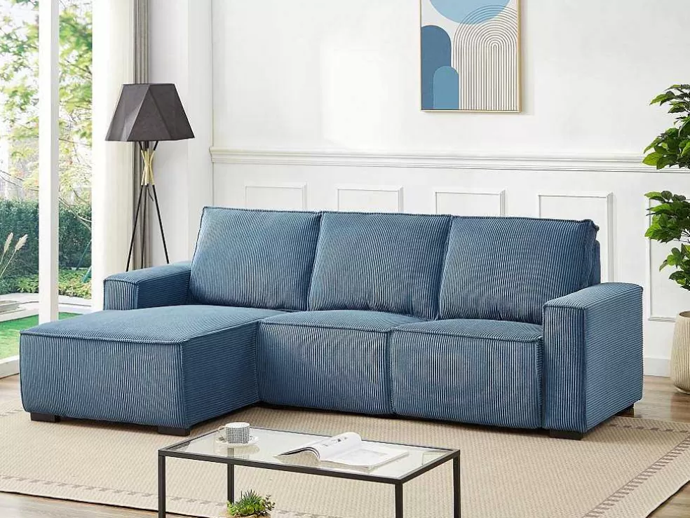 Vente-unique Sofá De Canto Esquerdo Articulado Eletrico Em Tecido Canelado Azul - Amelio* Sofá De Relaxamento Eletrico