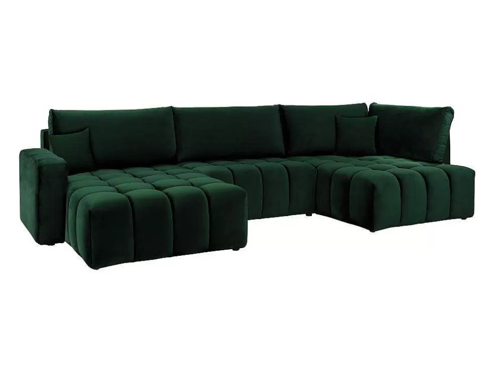 Vente-unique Sofá De Canto Esquerdo Panorâmico Convertivel Veludo Verde Pinho - Esilia Ii* Sofá Panorâmico