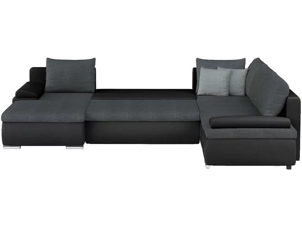 Vente-unique Sofá De Canto Panorâmico Convertivel Em Cama E Reversivel Em Pele Sintética E Tecido Bicolor Preto E Cinzento - Dakota* Sofá