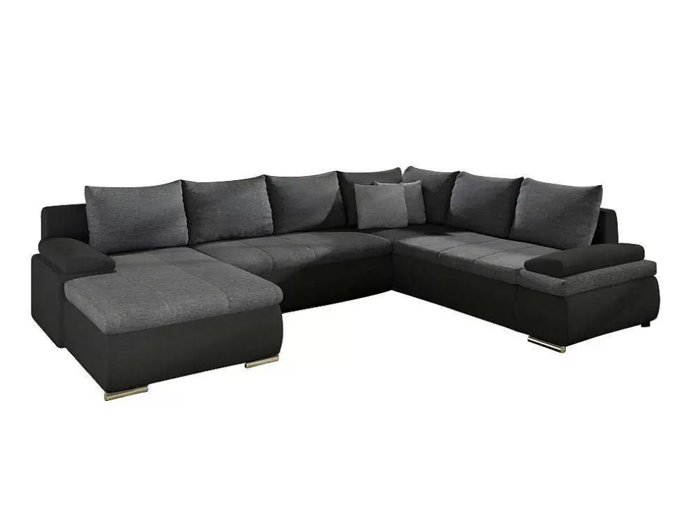 Vente-unique Sofá De Canto Panorâmico Convertivel Em Cama E Reversivel Em Pele Sintética E Tecido Bicolor Preto E Cinzento - Dakota* Sofá