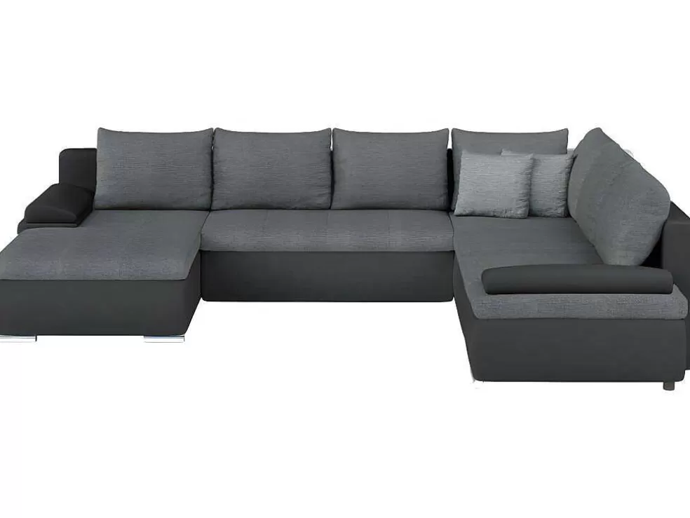 Vente-unique Sofá De Canto Panorâmico Convertivel Em Cama E Reversivel Em Pele Sintética E Tecido Bicolor Preto E Cinzento - Dakota* Sofá