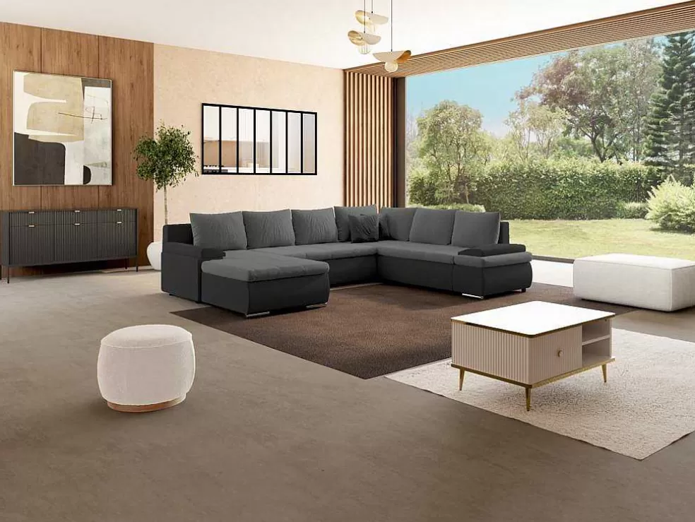 Vente-unique Sofá De Canto Panorâmico Convertivel Em Cama E Reversivel Em Pele Sintética E Tecido Bicolor Preto E Cinzento - Dakota* Sofá