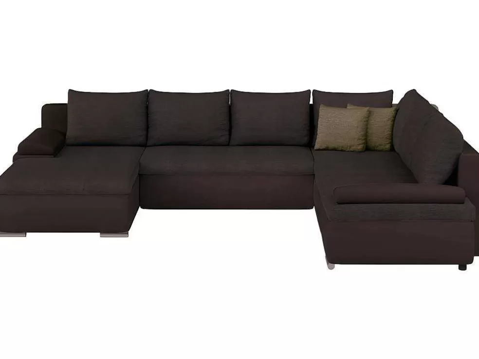 Vente-unique Sofá De Canto Panorâmico Convertivel Em Cama E Reversivel Em Pele Sintética E Tecido Castanho - Dakota* Sofá Panorâmico