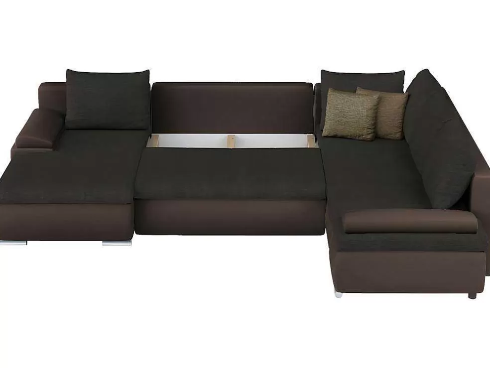Vente-unique Sofá De Canto Panorâmico Convertivel Em Cama E Reversivel Em Pele Sintética E Tecido Castanho - Dakota* Sofá Panorâmico