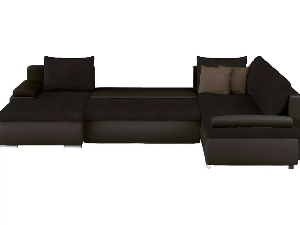 Vente-unique Sofá De Canto Panorâmico Convertivel Em Cama E Reversivel Em Pele Sintética E Tecido Castanho - Dakota* Sofá Panorâmico