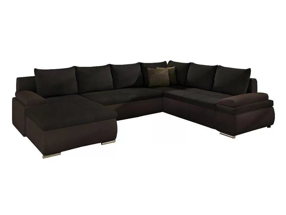 Vente-unique Sofá De Canto Panorâmico Convertivel Em Cama E Reversivel Em Pele Sintética E Tecido Castanho - Dakota* Sofá Panorâmico