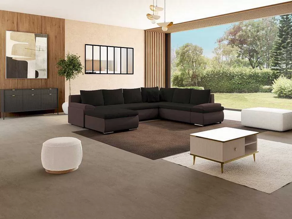 Vente-unique Sofá De Canto Panorâmico Convertivel Em Cama E Reversivel Em Pele Sintética E Tecido Castanho - Dakota* Sofá Panorâmico