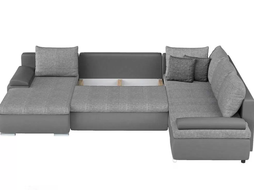 Vente-unique Sofá De Canto Panorâmico Convertivel Em Cama E Reversivel Em Pele Sintética E Tecido Cinzento - Dakota* Sofá Panorâmico