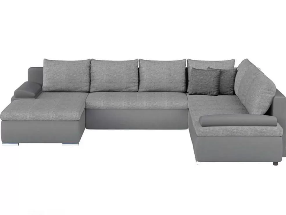 Vente-unique Sofá De Canto Panorâmico Convertivel Em Cama E Reversivel Em Pele Sintética E Tecido Cinzento - Dakota* Sofá Panorâmico