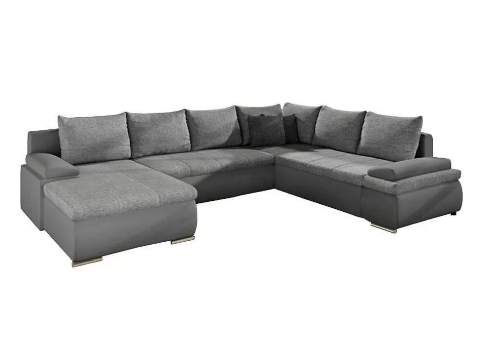 Vente-unique Sofá De Canto Panorâmico Convertivel Em Cama E Reversivel Em Pele Sintética E Tecido Cinzento - Dakota* Sofá Panorâmico