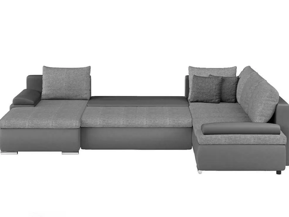 Vente-unique Sofá De Canto Panorâmico Convertivel Em Cama E Reversivel Em Pele Sintética E Tecido Cinzento - Dakota* Sofá Panorâmico