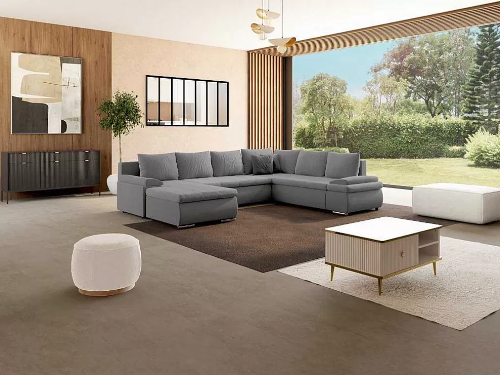 Vente-unique Sofá De Canto Panorâmico Convertivel Em Cama E Reversivel Em Pele Sintética E Tecido Cinzento - Dakota* Sofá Panorâmico
