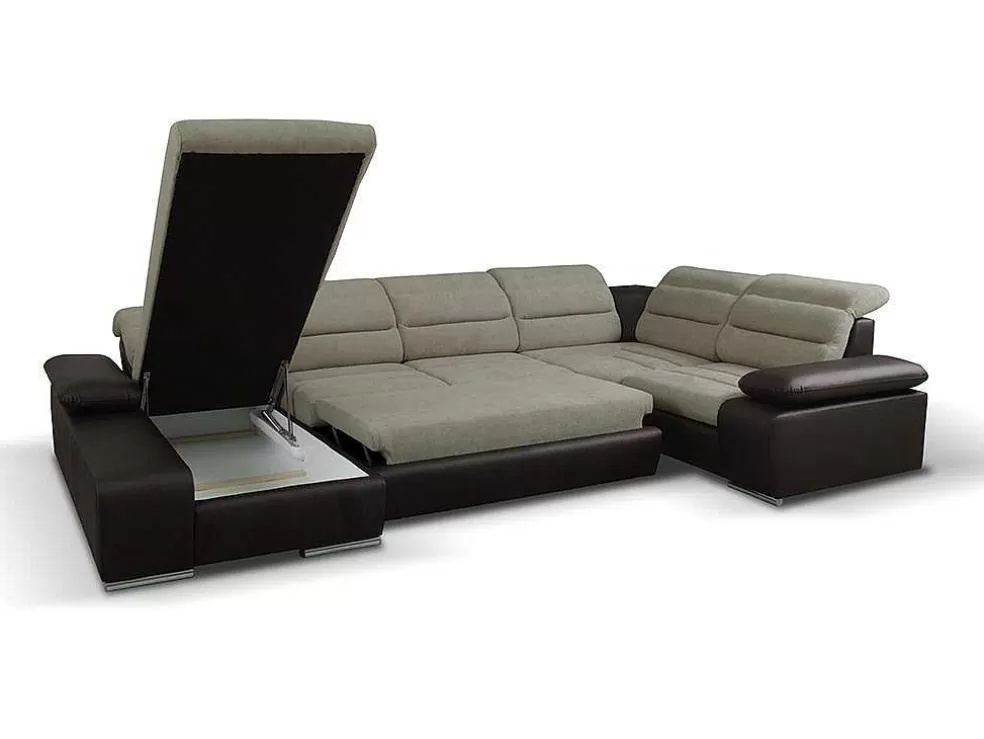 Vente-unique Sofá De Canto Panorâmico Convertivel Em Cama Em Tecido E Pele Sintética Bicolor Bege E Castanho - Canto Esquerdo - Boileau* Sofá Panorâmico