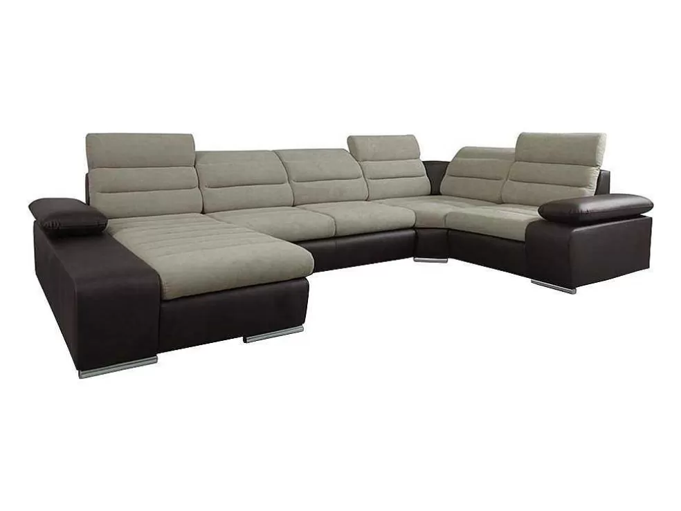 Vente-unique Sofá De Canto Panorâmico Convertivel Em Cama Em Tecido E Pele Sintética Bicolor Bege E Castanho - Canto Esquerdo - Boileau* Sofá Panorâmico