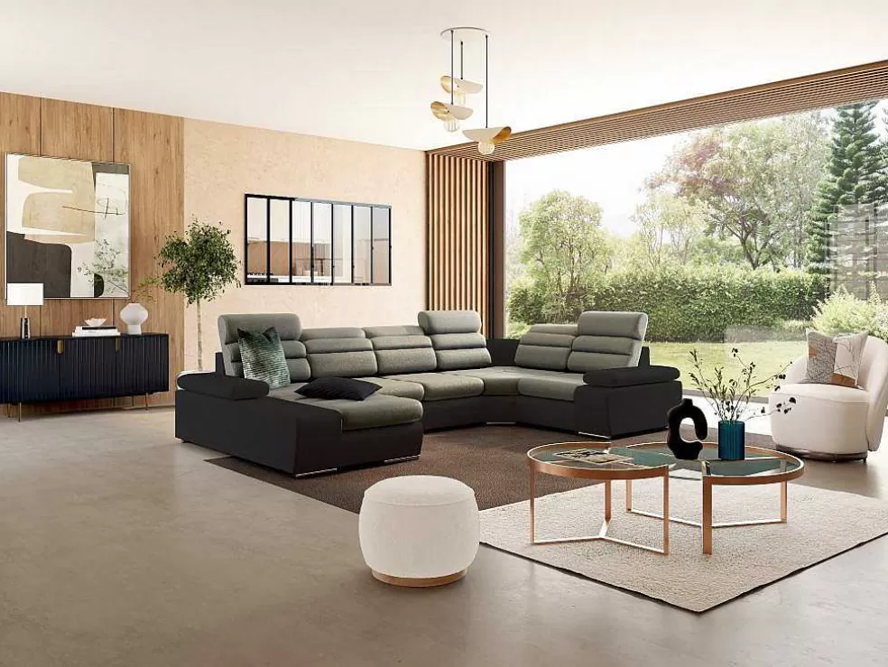 Vente-unique Sofá De Canto Panorâmico Convertivel Em Cama Em Tecido E Pele Sintética Bicolor Bege E Castanho - Canto Esquerdo - Boileau* Sofá Panorâmico