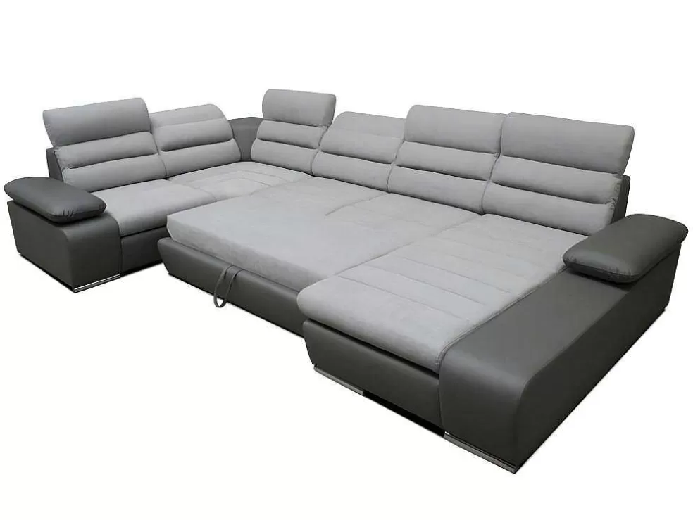 Vente-unique Sofá De Canto Panorâmico Modular Em Tecido E Pele Sintética Bicolor Cinzento Claro E Cinzento Escuro - Canto Direito - Boileau* Sofá Panorâmico
