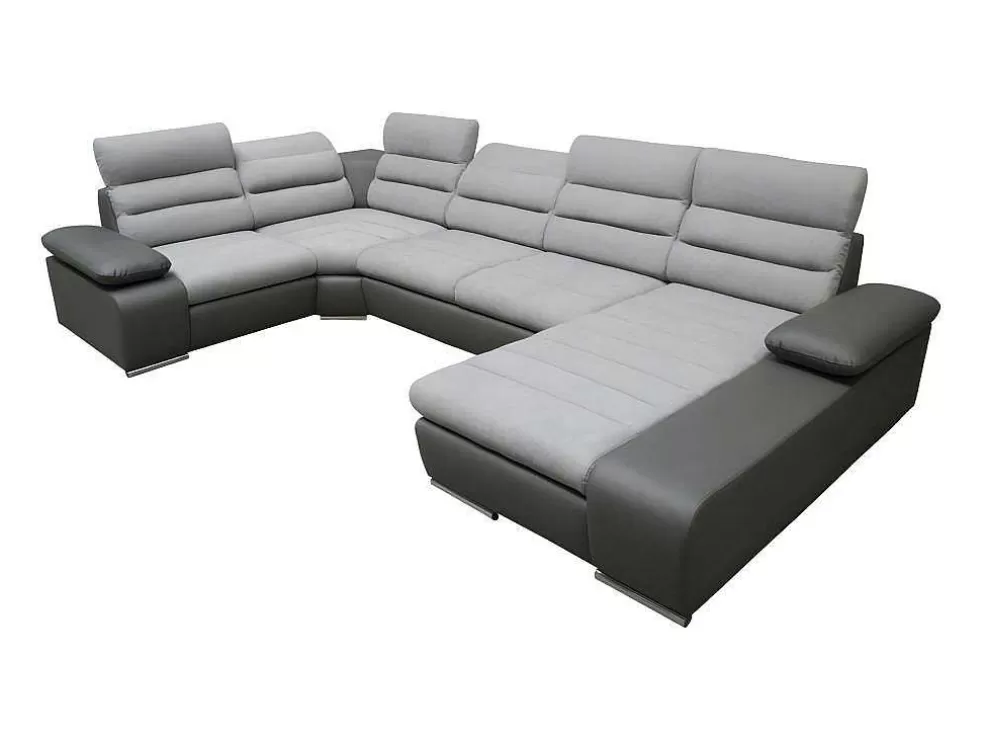 Vente-unique Sofá De Canto Panorâmico Modular Em Tecido E Pele Sintética Bicolor Cinzento Claro E Cinzento Escuro - Canto Direito - Boileau* Sofá Panorâmico