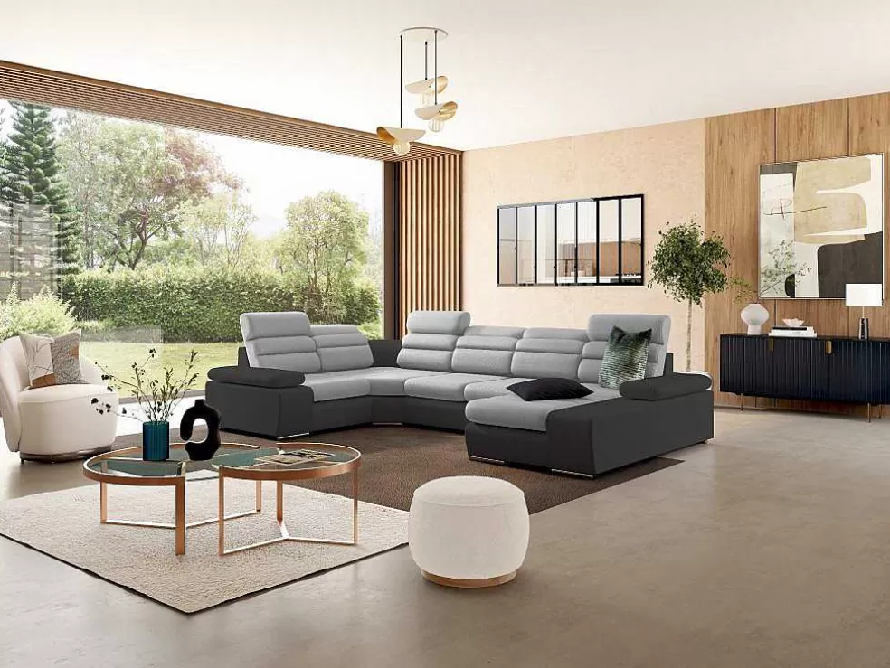 Vente-unique Sofá De Canto Panorâmico Modular Em Tecido E Pele Sintética Bicolor Cinzento Claro E Cinzento Escuro - Canto Direito - Boileau* Sofá Panorâmico