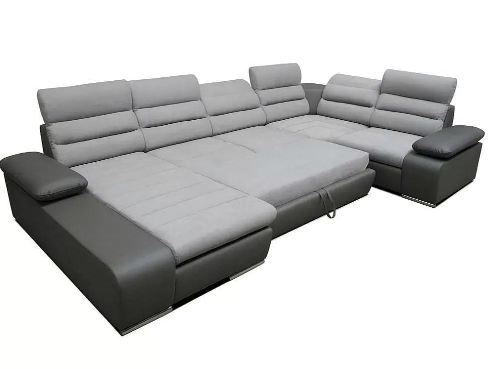 Vente-unique Sofá De Canto Panorâmico Modular Em Tecido E Pele Sintética Bicolor Cinzento Claro E Cinzento Escuro - Canto Esquerdo - Boileau* Sofá De Canto