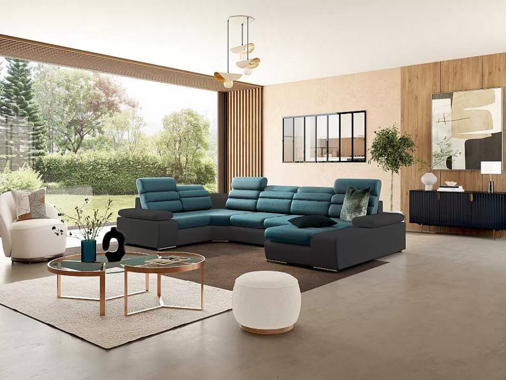 Vente-unique Sofá De Canto Panorâmico Modular Em Tecido E Pele Sintética Bicolor Turquesa E Cinzento Escuro - Canto Direito - Boileau* Sofá Panorâmico