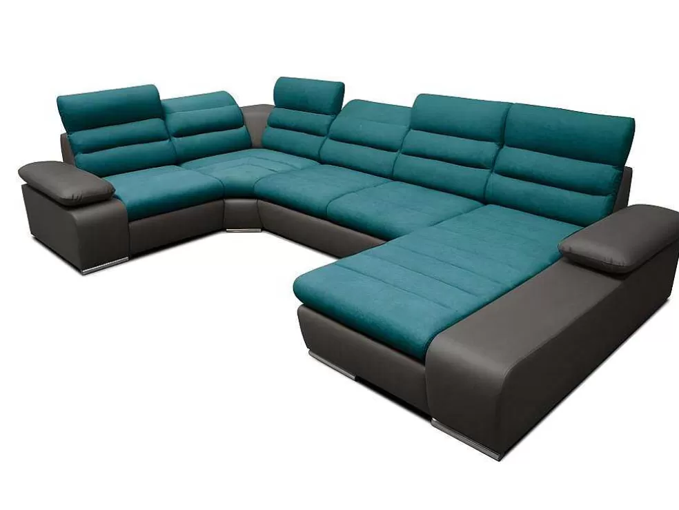 Vente-unique Sofá De Canto Panorâmico Modular Em Tecido E Pele Sintética Bicolor Turquesa E Cinzento Escuro - Canto Direito - Boileau* Sofá Panorâmico