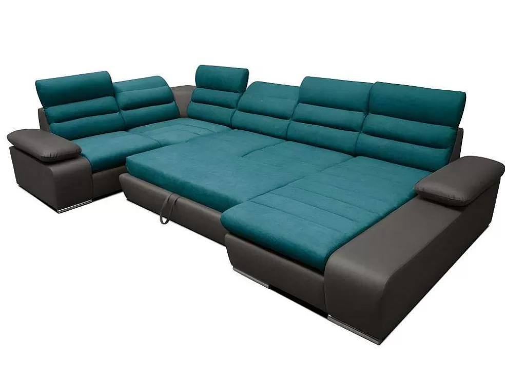 Vente-unique Sofá De Canto Panorâmico Modular Em Tecido E Pele Sintética Bicolor Turquesa E Cinzento Escuro - Canto Direito - Boileau* Sofá Panorâmico