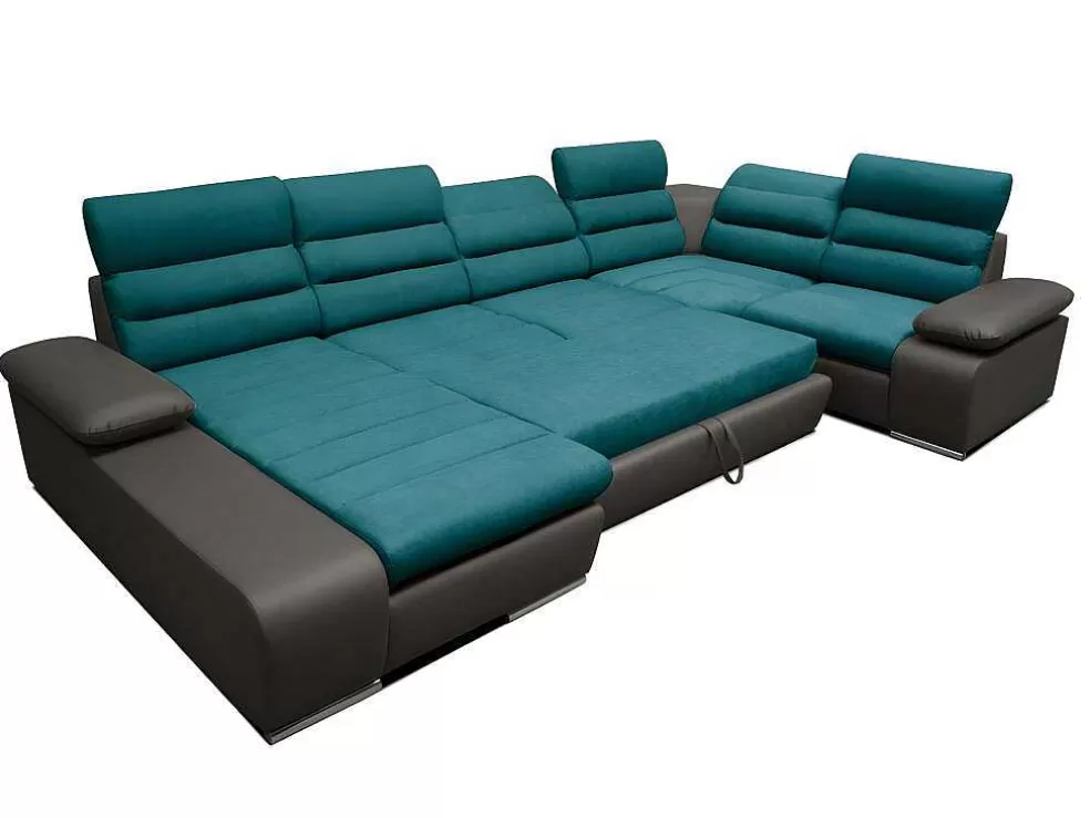 Vente-unique Sofá De Canto Panorâmico Modular Em Tecido E Pele Sintética Bicolor Turquesa E Cinzento Escuro - Canto Esquerdo - Boileau* Sofá Panorâmico