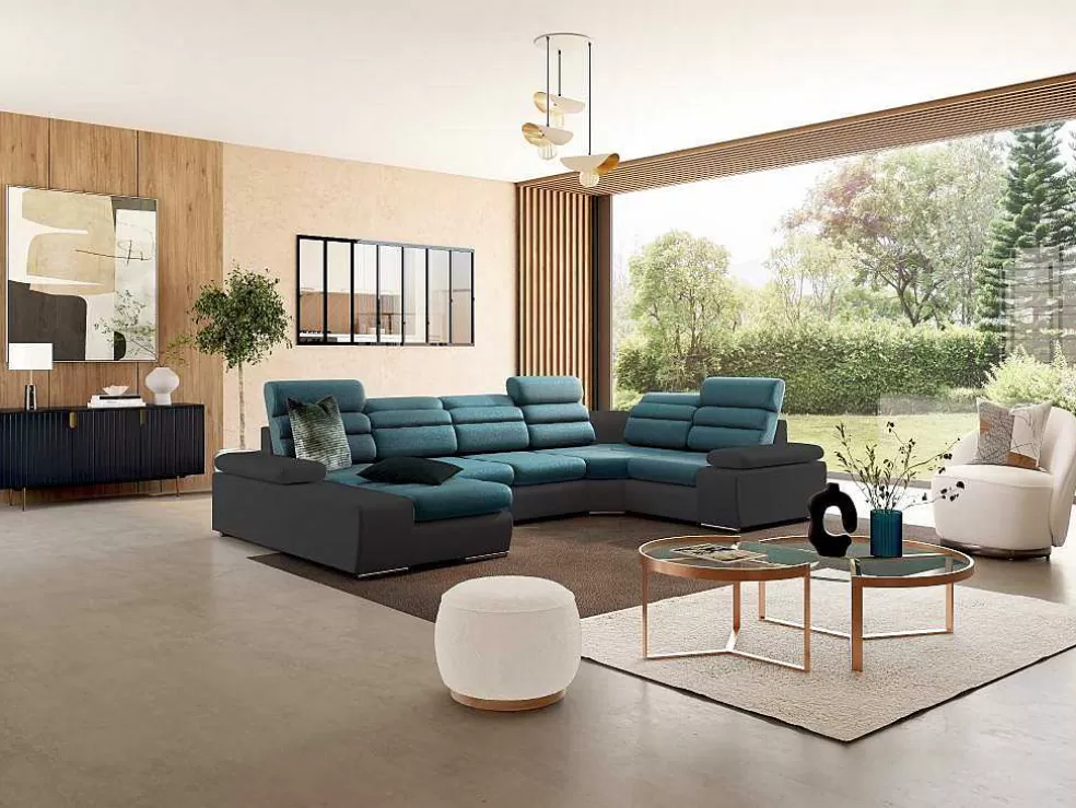 Vente-unique Sofá De Canto Panorâmico Modular Em Tecido E Pele Sintética Bicolor Turquesa E Cinzento Escuro - Canto Esquerdo - Boileau* Sofá Panorâmico