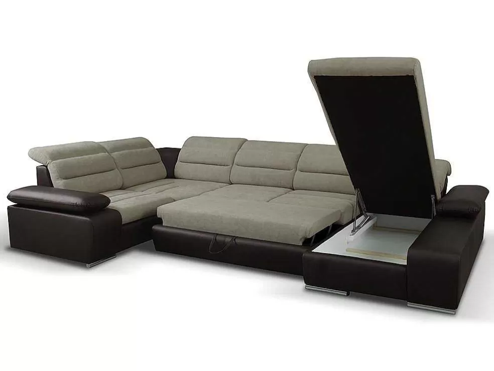 Vente-unique Sofá De Canto Panorâmico Modular Em Tecido E Pele Sintéticabicolor Bege E Castanho - Canto Direito - Boileau* Sofá Panorâmico