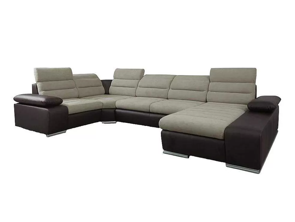 Vente-unique Sofá De Canto Panorâmico Modular Em Tecido E Pele Sintéticabicolor Bege E Castanho - Canto Direito - Boileau* Sofá Panorâmico