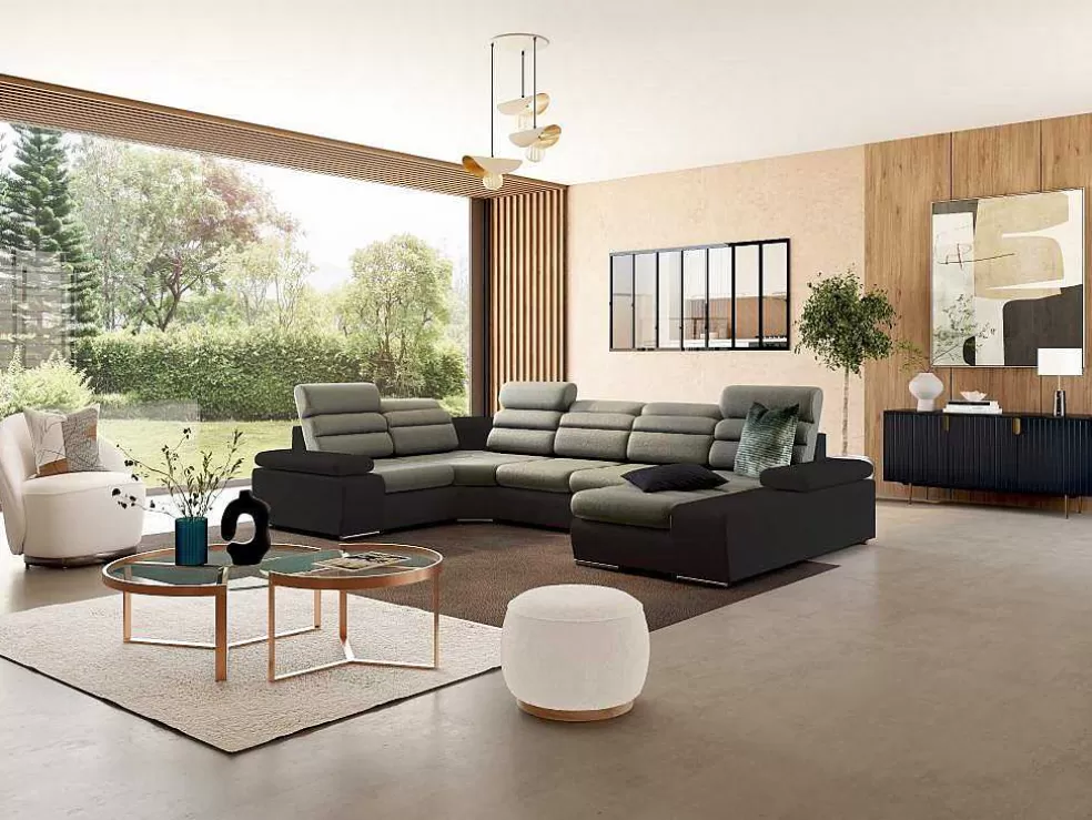 Vente-unique Sofá De Canto Panorâmico Modular Em Tecido E Pele Sintéticabicolor Bege E Castanho - Canto Direito - Boileau* Sofá Panorâmico
