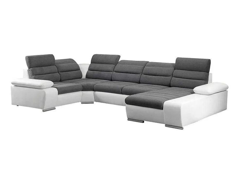 Vente-unique Sofá De Canto Panorâmico Modular Em Tecido E Pele Sintéticabicolor Cinzento E Branco - Canto Direito - Boileau* Sofá De Canto