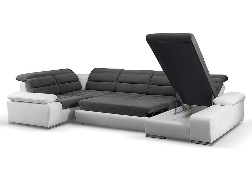 Vente-unique Sofá De Canto Panorâmico Modular Em Tecido E Pele Sintéticabicolor Cinzento E Branco - Canto Direito - Boileau* Sofá De Canto