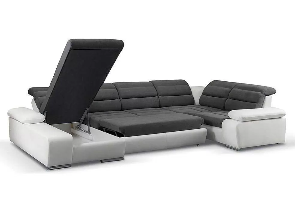 Vente-unique Sofá De Canto Panorâmico Modular Em Tecido E Pele Sintéticabicolor Cinzento E Branco - Canto Esquerdo - Boileau* Sofá Panorâmico